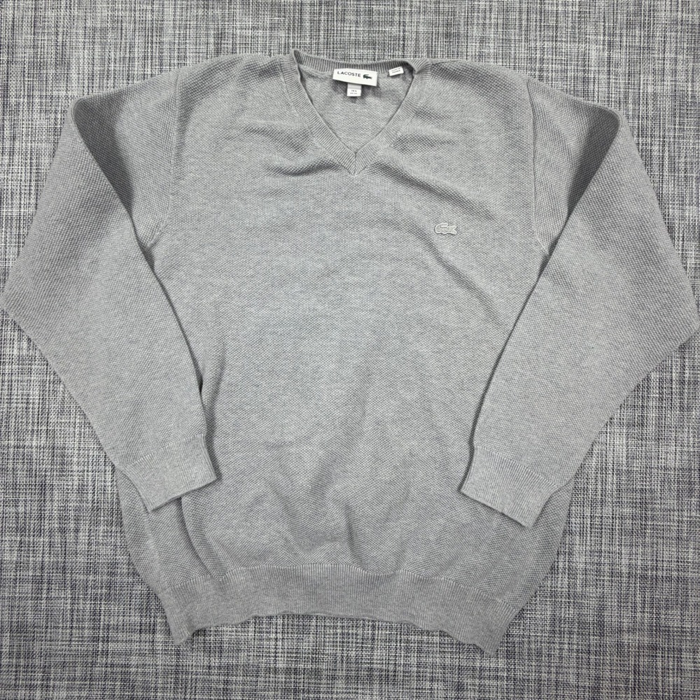 Lacoste Mens V-Neck Sweater XL FR6 Gray 100% Cotton Textured Knit Made in France